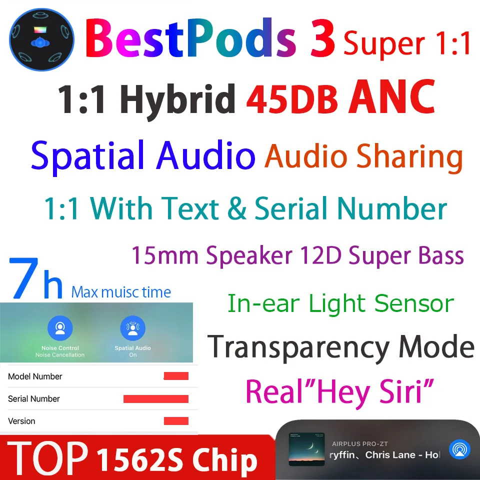 Наушники BestPods 3 TWS Bluetooth 5 2 ANC беспроводные наушники 1:1 Aire + 45DB прозрачность передача