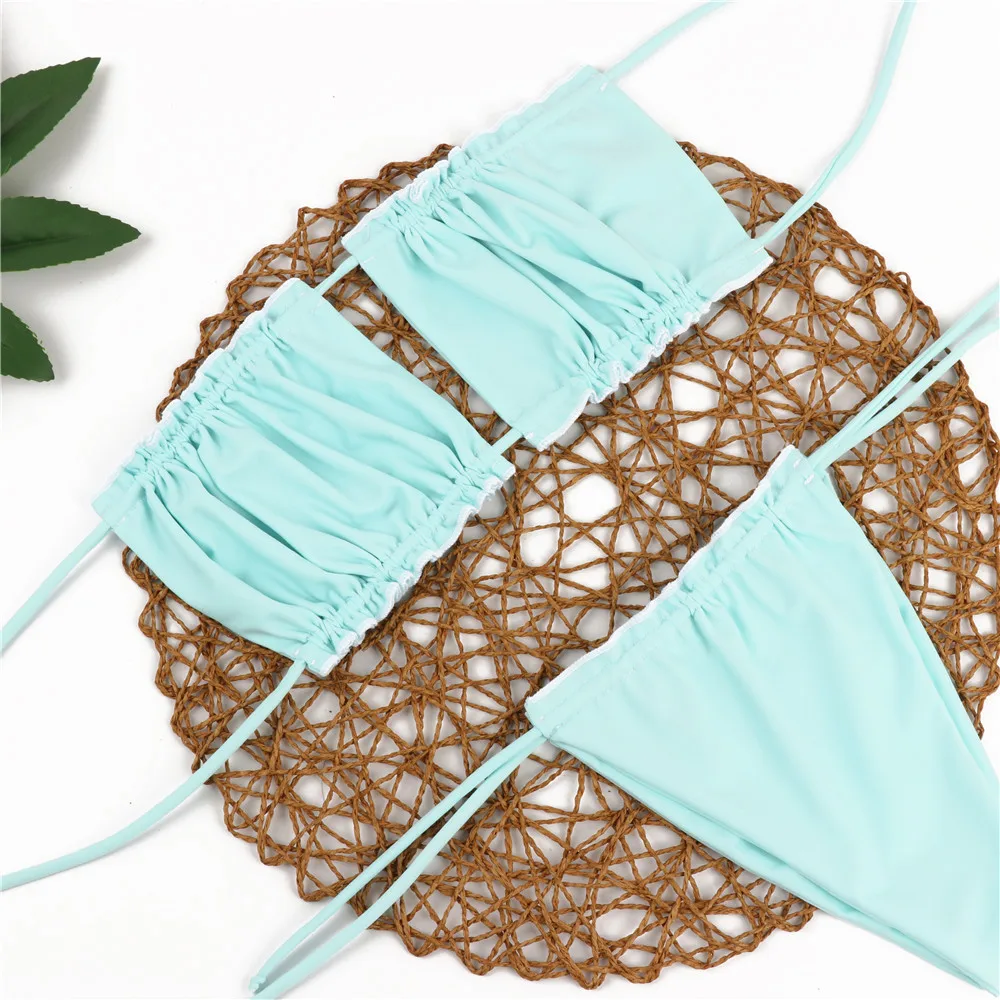 MAILLOT DE BAIN,Sexy Bikini 2020 Mujer épaules nues maillots de bain femmes solide néon violet