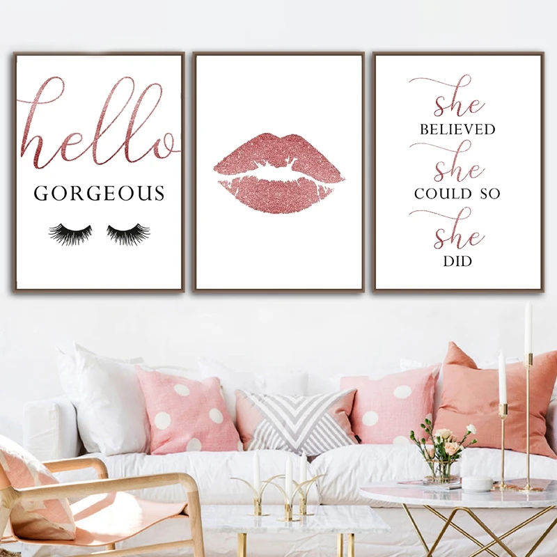 HUZAIGEGE Gold Fashion Wall Art Set Canvas Wall Decor Pictures Art Perfume  Lady Makeup Tool Stylish Photo and Quote Posters Prints for Bedroom