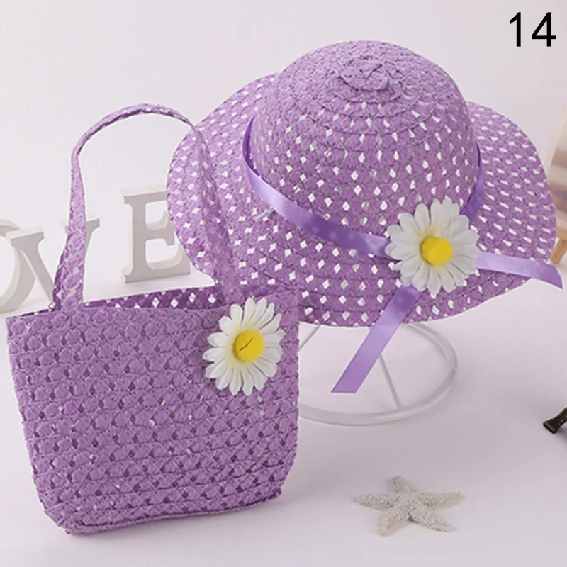 Summer Children Beach Flower Hats Set Wide Brim Straw Hat Beach Hat 3-7 Years Old
