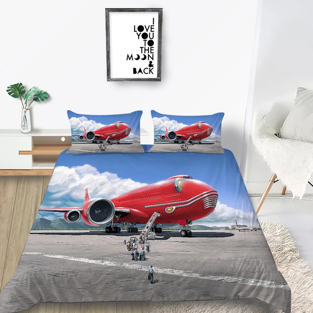 

Red Aircraft Bedding Set Art Airport 3D Fashionable Duvet Cover King Queen Twin Full Single Double Unique Design Bed Set