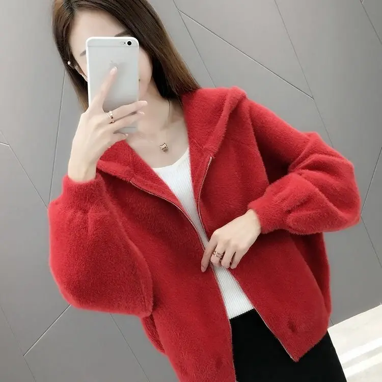 Женская короткая куртка из искусственного меха норки с капюшоном - Цвет: Красный
