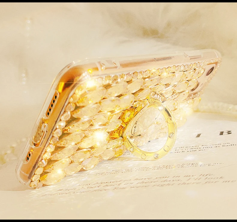 Gold Crystal Strap Phone Ring Diamond Rhinestone Case For iPhone 16 15 14 12 13 11 Pro MAX X XR XS 7 8 Plus Case Glitter Bling phone case,iphone case