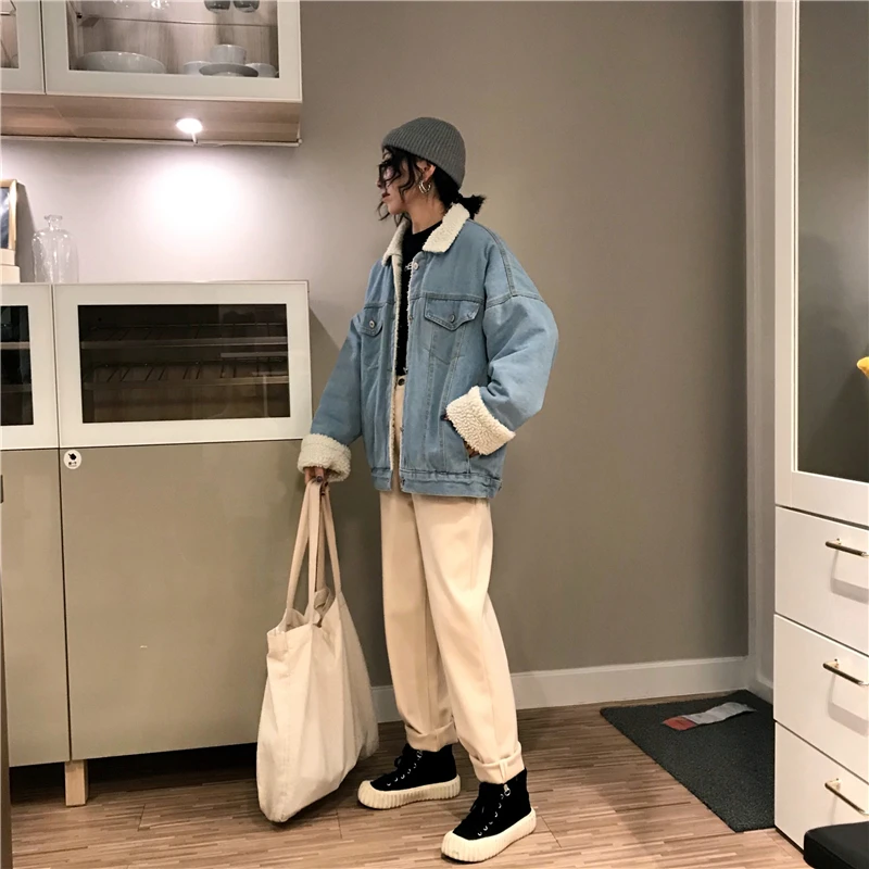 South Korea Autumn And Winter New Style Retro Lambs Wool Loose-Fit Fold-down Collar Cotton-padded Clothes Brushed And Thick