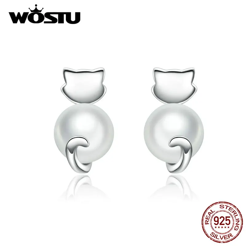 WOSTU, серьги-гвоздики с пресноводным жемчугом в виде милого кота, 925 пробы, серебряные маленькие серьги для женщин, свадебные серебряные 925 ювелирные изделия CQE617