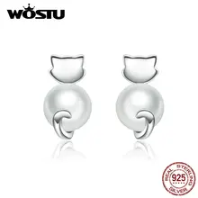 WOSTU, серьги-гвоздики с пресноводным жемчугом в виде милого кота, 925 пробы, серебряные маленькие серьги для женщин, свадебные серебряные 925 ювелирные изделия CQE617