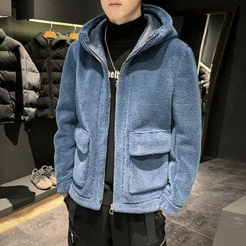 

Fashion 2020 Men Lamb Fur Coat Winter Thick Warm Front Pocket Design Hooded Men Jacket Casual All Match Streetwear Mens Jackets