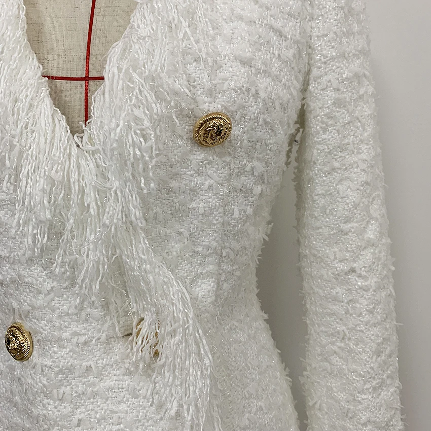  HIGH QUALITY Newest 2019 Designer Runway Dress Women's Long Sleeve Metal Lion Buttons Fringed Tweed