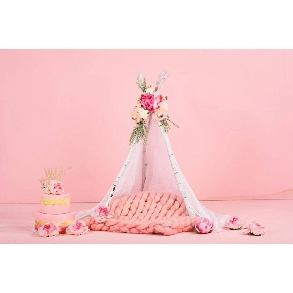 

Laeacco Pink Tent Wigwam Flower Baby Birthday Party Backdrops Cushions Love Cake Child Portrait Photo Backgrounds Photo Studio