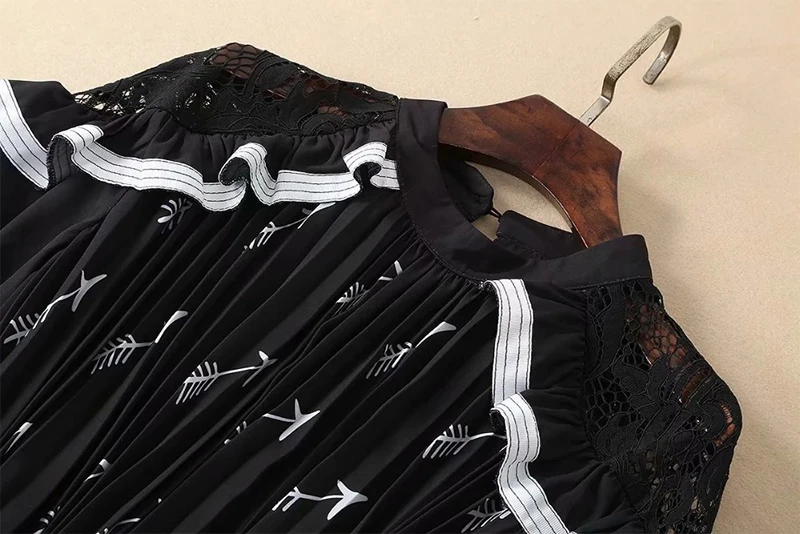 CAMIA Selfie платья женские черные ажурный с прорезями высокое качество печати шифон длинное платье ретро пышные рукава богемное Макси платье