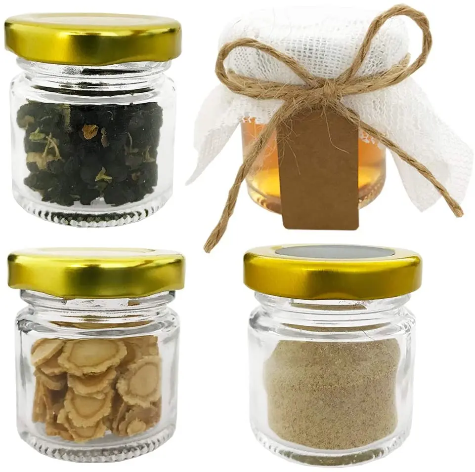 Glass Jars with Gold Lids, Mini Mason Jars for Gifts, Crafts, Wedding, Spice, Extra Chalkboard Labels, Tags String