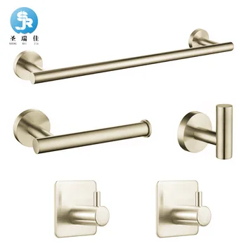 

Shengruijia 304 Stainless Steel Brushed Gold Towel Rack Bathroom Accessories Five-Piece Set Toilet Paper Rack Hardware Pendant