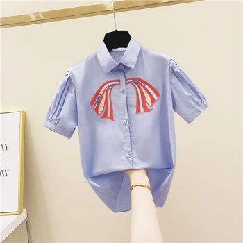 

2020 Summer Korean Style Casual Loose Shirt Embroidered Bow Short-Sleeved Shirt O-Neck Puff Sleeve Solid Shirts