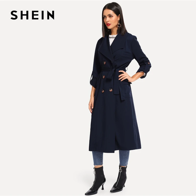 SHEIN, темно-синий свернутый рукав, двубортный с поясом, удлиненный Тренч, женское осеннее пальто с карманами, элегантная верхняя одежда для улицы