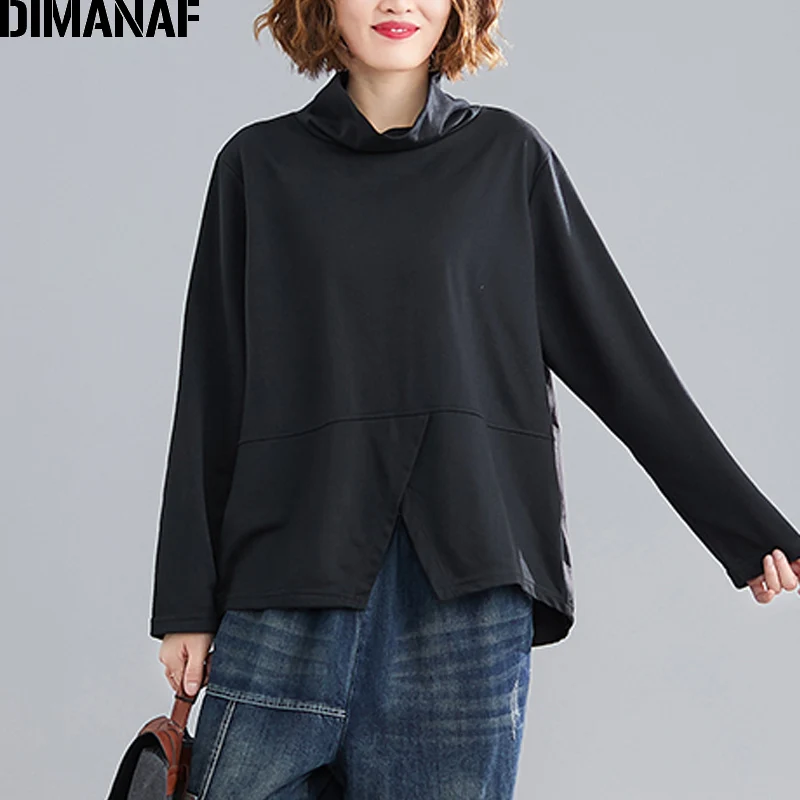 DIMANAF, весна размера плюс, женская блузка, рубашки, водолазка, для офиса, для девушек, топы, туника, свободная, длинный рукав, плиссированная, женская одежда, Черная - Цвет: XWZ2580CN