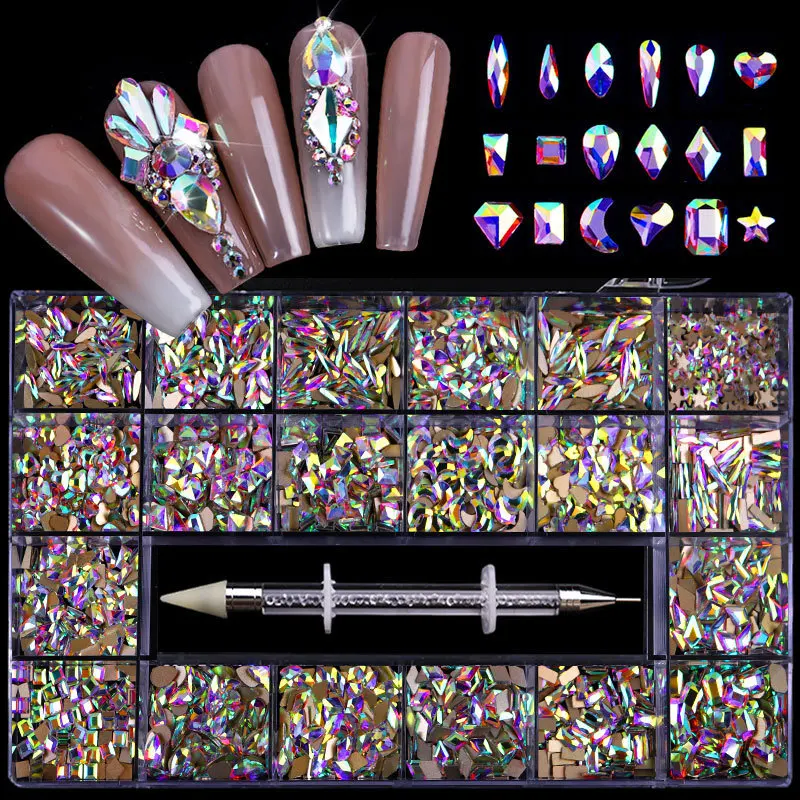 2500pcs Luxury Shiny Diamond Nail Art Rhinestones Crystal Decorations Set AB Glass 1pcs Pick Up Pen In Grids Box 21 Shape 4