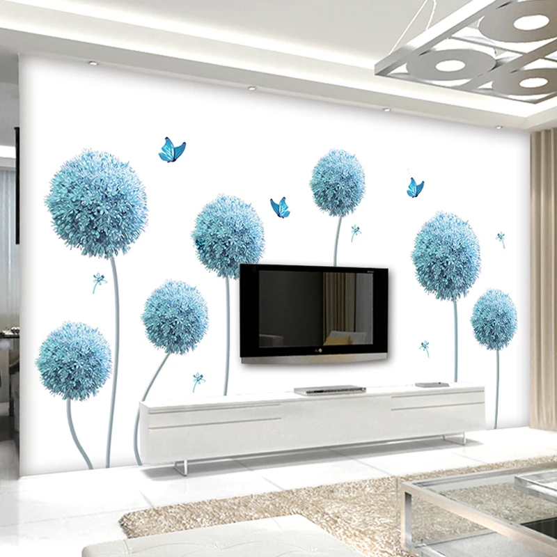 195*110 см бабочка Летающий Синий одуванчик домашний декор ТВ настенная наклейка для детской комнаты спальня настенная крышка наклейки виниловые цветы художественная наклейка