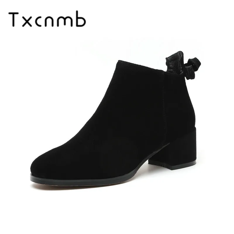 

TXCNMB Warm Elastic Suede Leather Autumn Winter Boots for Women Solid Slip on Ladies Boots High Heels Casual Thick Boots