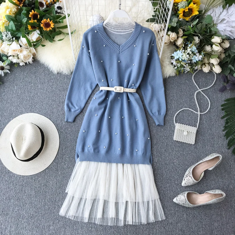 ALPHALMODA женский свитер с бисером+ кружевное платье 2 шт. очаровательный костюмчик длинный рукав ногтей бусина с поясом Женское зимнее 2 шт. повседневное вязаное платье