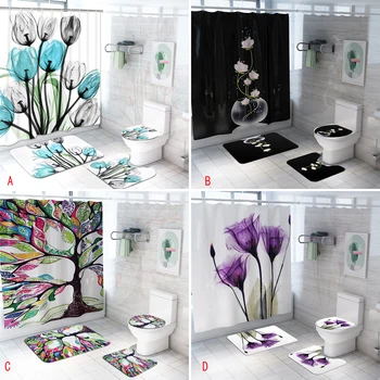 

Non-Slip Rugs Toilet Lid Cover and Bath Mat Waterproof Bathroom Curtains Colorful Tulip Lotus Flowers Trees Shower Curtain Sets