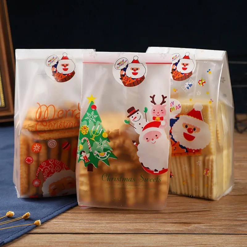 

50PC Cute Transparent Bags Christmas Pattern Bag for Candy Box Biscuit Packaging Gift Xmas Packaging Cookie Sealing Bag HW