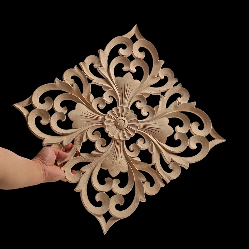 Decorative Wood Appliques Floral Carved Onlay Decal Figurines Home Furniture Door Decor Square
