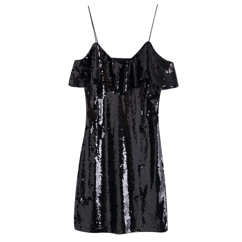 Женское Сексуальное мини платье осень Новая Мода Черные Блестящие Блестки Спагетти Ремень Современные женские облегающие платья выше колена