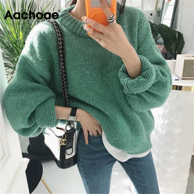 US $15.93 Sweater Women 2020 Autumn Winter Fashion Solid O Neck Pullover Sweaters Korean Style Knitted Long S