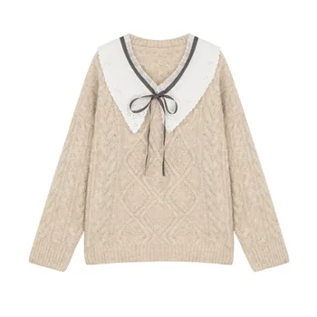 

Retro Linen Flower Color Pure Color Pullover Sweater Women's 2020 New Style Autumn and Winter Loose Thick Bow V-neck Sweater Top