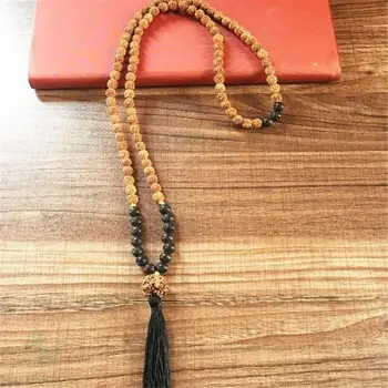 

8MM black Lava Rudraksha 108 Beads Tassels Mala Necklace Healing Lucky Bless Wrist Gemstone Veins cuff natural Meditation