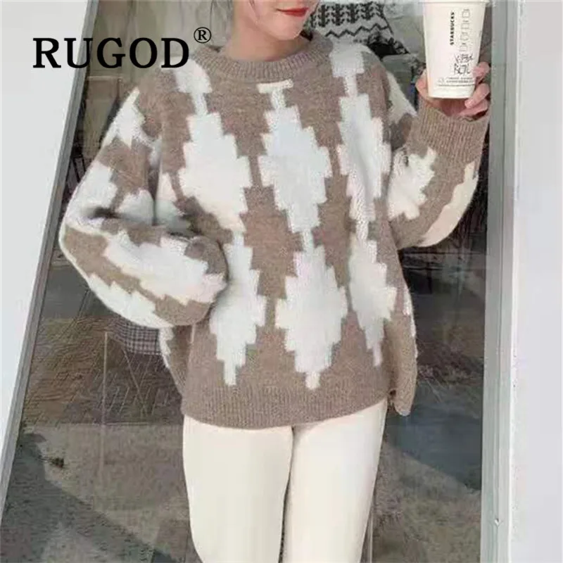 RUGOD вязаный свитер большого размера с алмазным узором, пуловер, джемпер, трикотаж, Зимние Топы для женщин, корейский стиль, женские свитера