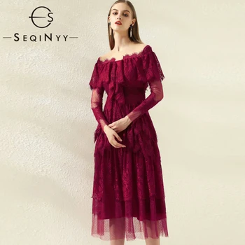 

SEQINYY Purple Lace Dress 2020 Summer Spring New Fashion Design Women Cloak Long Sleeve Ruffles High Quality Midi Dress Party
