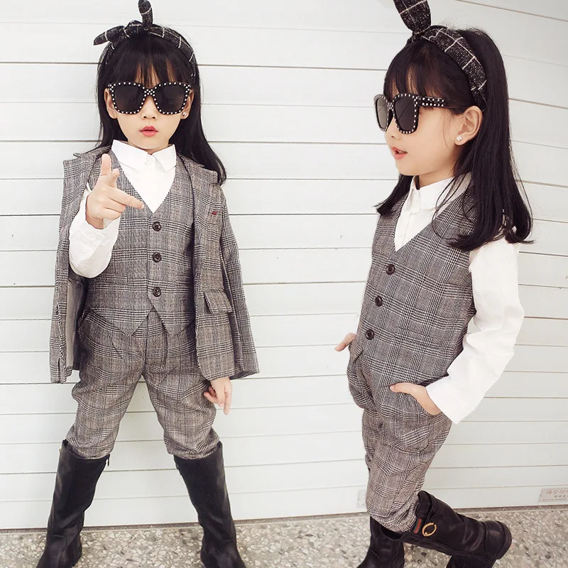 

Spring three-piece suit waistcoat flower girl dress edition children England boy's suit Fashion kids clothing christmas outfits
