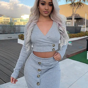 

Maoxzon Womens Sexy Deep V-neck Crop Tops Long Skirts Sets For Female Fashion Button Full Sleeve Two Piece Dresses Suits Outfits