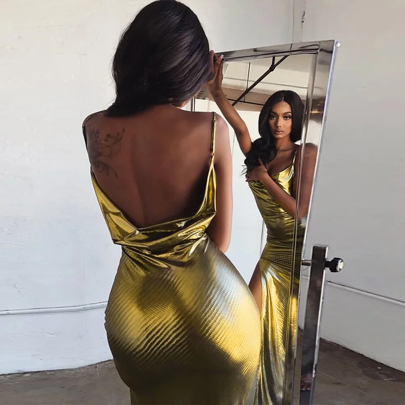 Платье на бретельках с разрезом металлик блестящее модное тонкое сексуальное