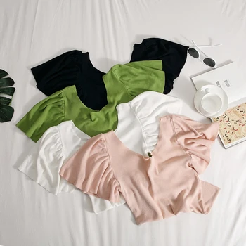

Zoki Sexy V Neck Women T Shirt Summer Knitted Ruffles Short Sleeve Ladies Tees Casual Pullover Slim Korean Streetwear Top 2020