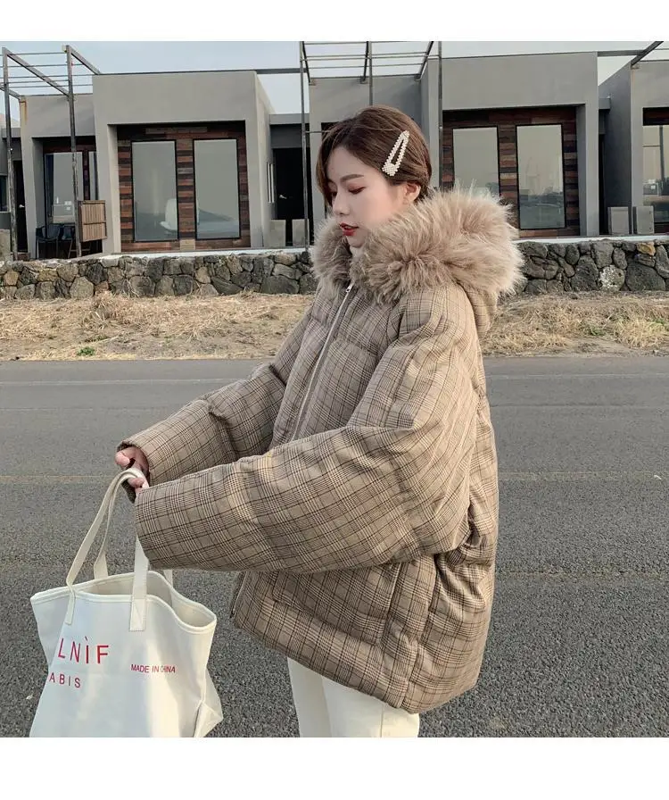 Large Fur Collar Plaid Cotton Coat Women's Short Korean-style New Style Students down Coat CHIC Cotton-padded Jacket Loose