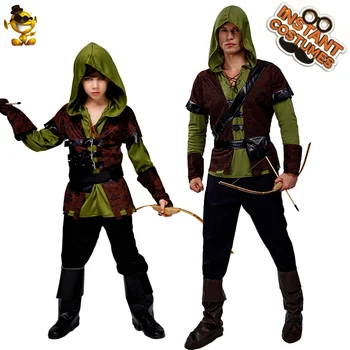 

Halloween Party Men's& Boy' Robin Costumes Suit Masquerade Carnival Robin Hood Cosplay Purim Costumes for Man&Kids