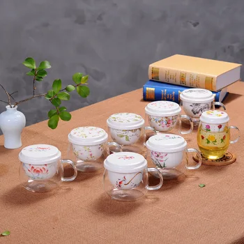 

Ceramic Liner Filter Tea Cup Thickened Transparent Bubble Tea Round Fun Cup with Heat-resistant Glass Flower Tea Cup