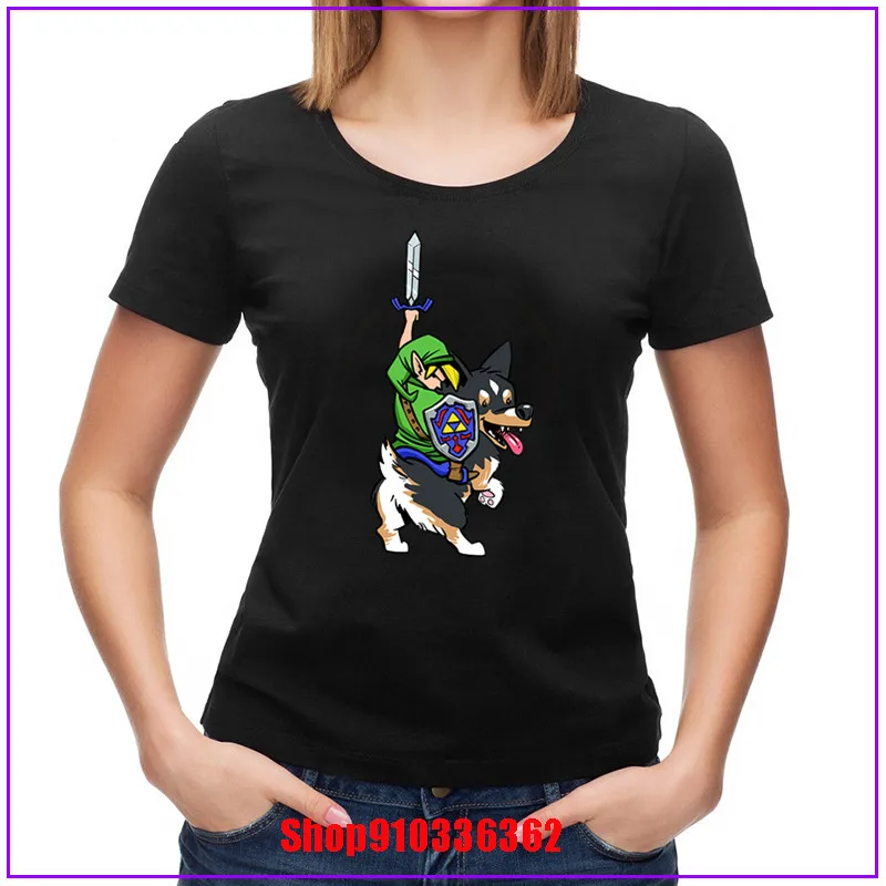 Link Riding a Corgi Cute dog Digital Printing T-shirt Hombre Legend of Zelda Parody Video Game Women T shirt Harajuku Tee | Женская