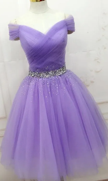 ANGELSBRIDEP элегантное платье для выпускного вечера с бисером и открытыми плечами, короткое бордовое вечернее платье трапециевидной формы из тюля, vestido de festa - Цвет: lavender