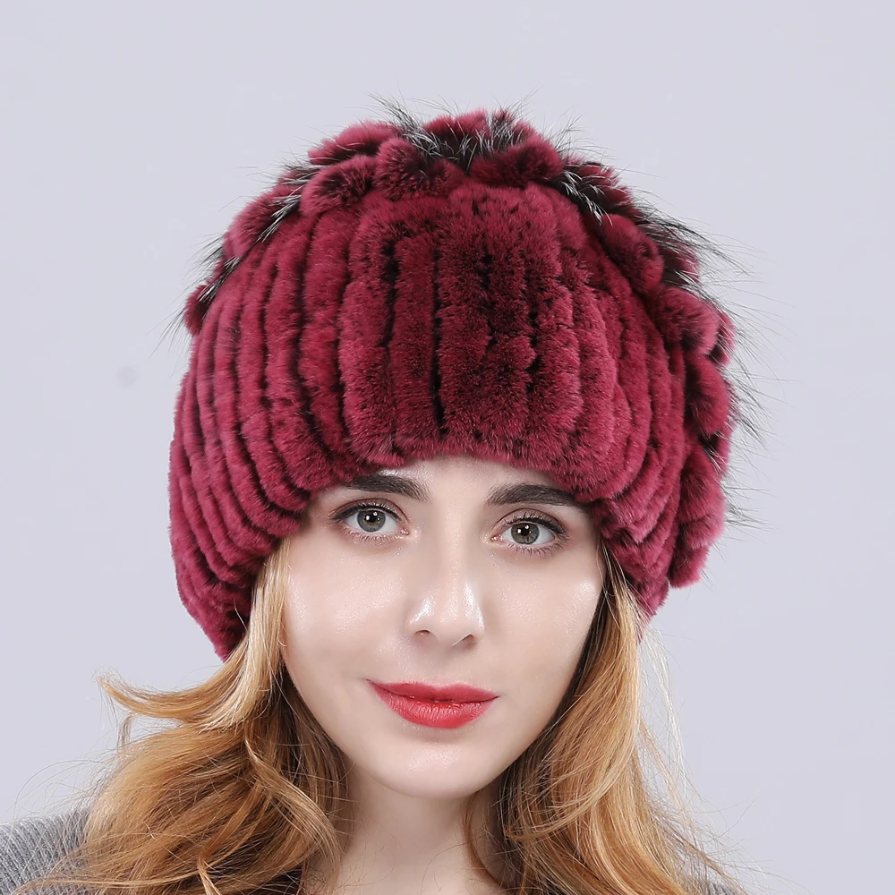 

New Arrival Women Winter Real Rex Rabbit Fur Hats Floral Warm Natural Rex Rabbit Fur Caps Knitted Lady Top With Fox Fur Hat