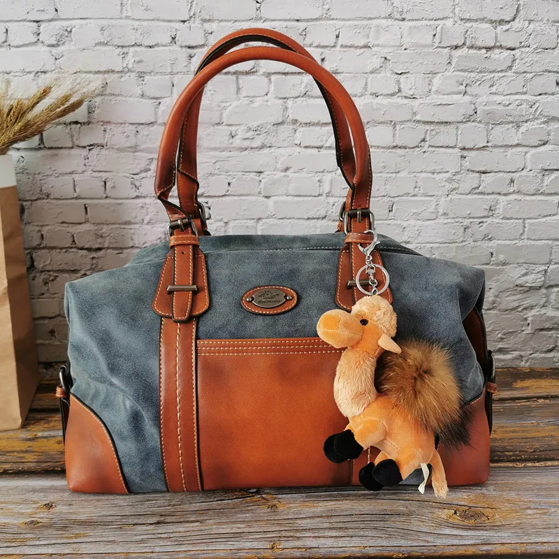Scrub Women Genuine Leather Handbags Vintage Luxury Ladies Hand Bags Tote Retro Large Capacity Women Shoulder Bag - Цвет: Blue with Camel