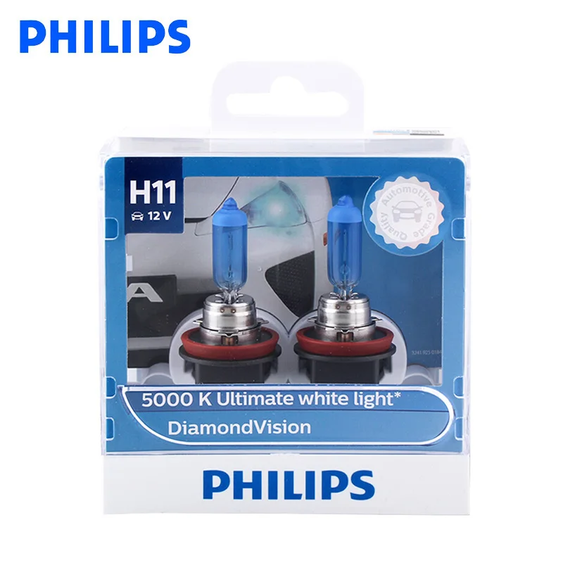 

Philips 100% Original H11 12V 55W Diamond Vision 5000K Super White Light Halogen Bulbs Car Headlight Fog Lamp 12362DV S2, Pair