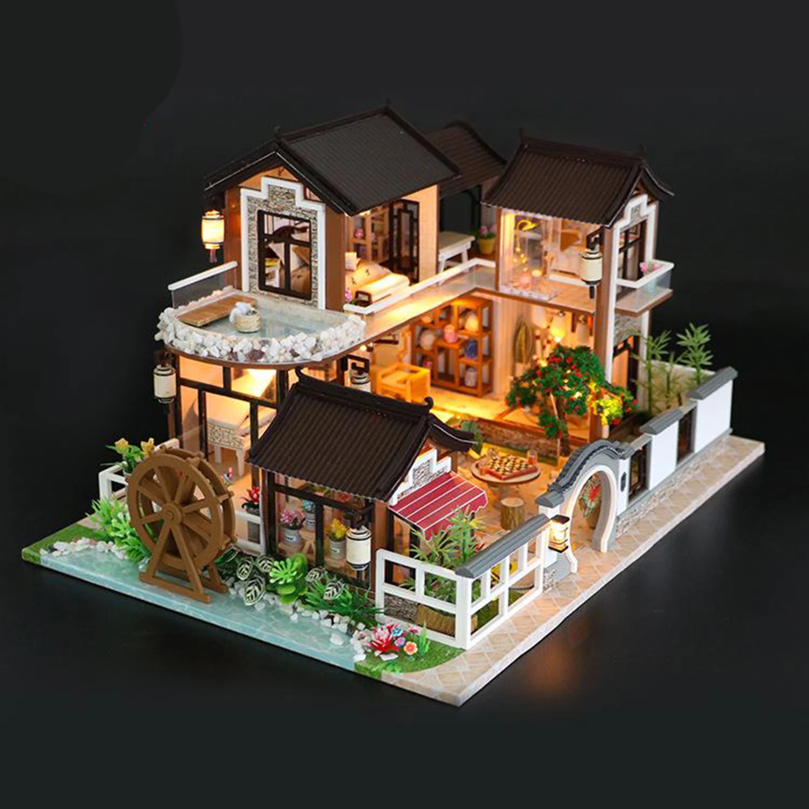 Kids Toys Dollhouse with Furniture Assemble Wooden Miniature Doll House Chinese Style Country Villa Diy For Children