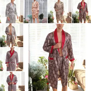 

Men Pajamas Summer Thin Model Silk Long Sleeve Pajamas Large Size Bathrobe Home Gown Comfortable Sleepwear