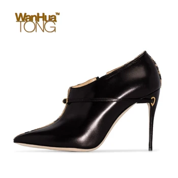 

Wanhuatong Sexy Fashion Pointed Toe Stiletto Heel Business Office Leopard Print Pattern Color Block Ankle Boots