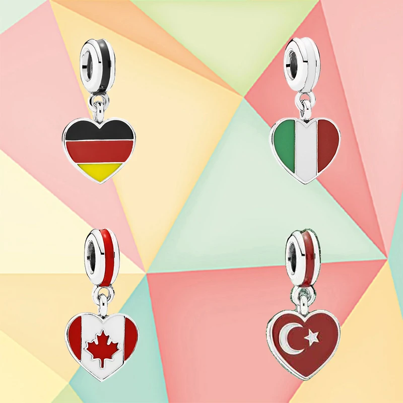 

925 Silver Heart-shaped Flag and Canadian Flag Heart-shaped Pendant, Japanese Jewelry, Suitable for Original DIY Bracelets,