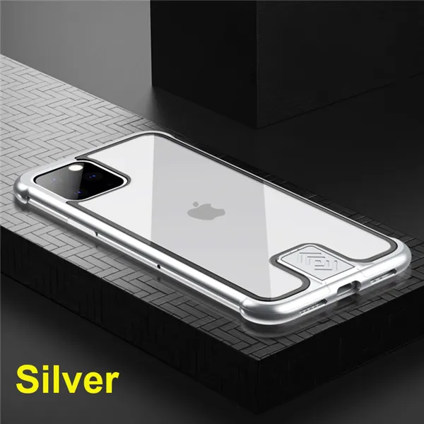 Пуш-ап металлический чехол для телефона для iPhone 11 чехол прозрачная задняя крышка из закаленного стекла безрамочный чехол для iPhone 11 Pro Max Funda - Цвет: Silver