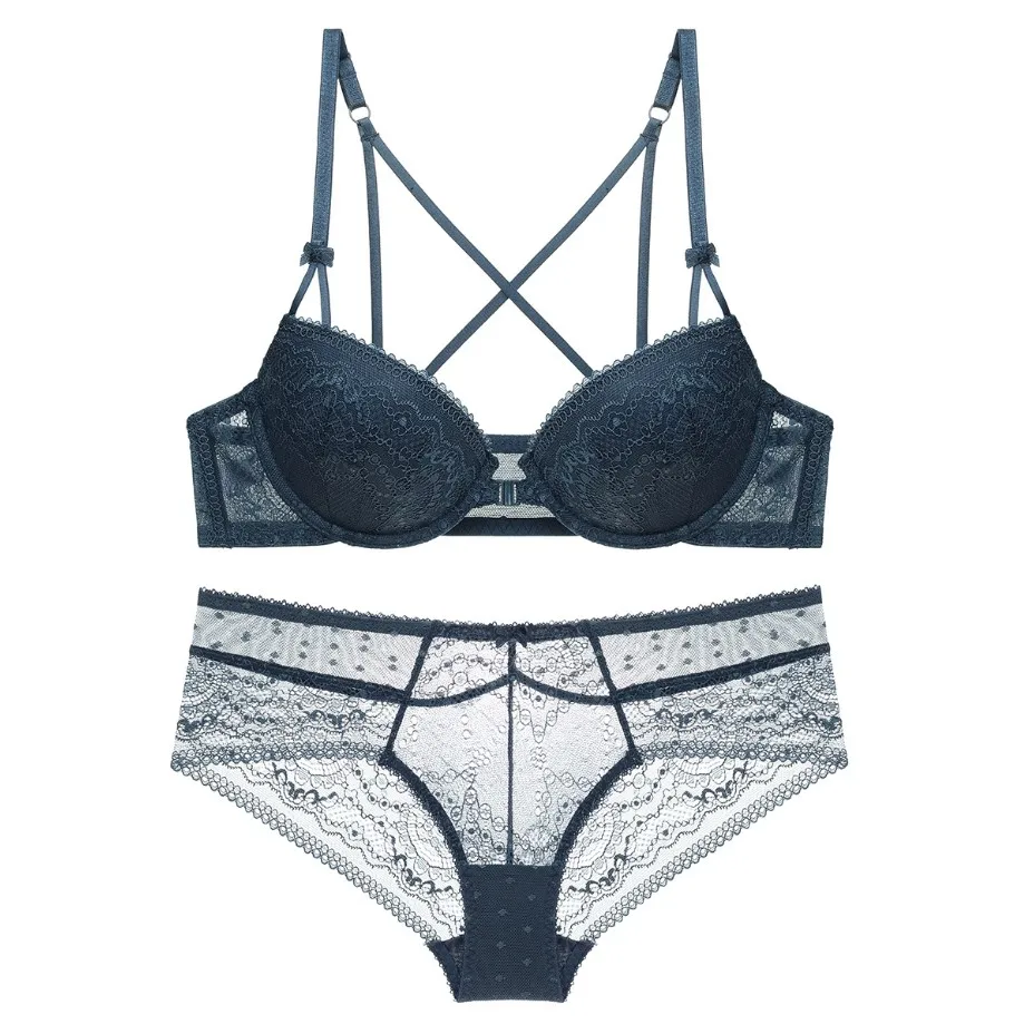 Women's Sexy Lace Bra Sets Solid Lingerie Underwear French Front Closure Push Up Bra and Panty Underwear Set for girls